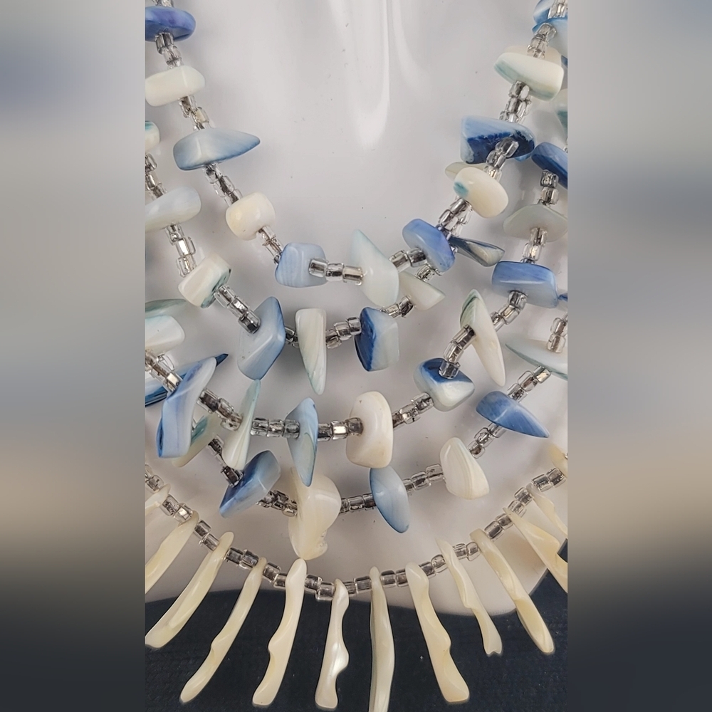 Vintage Japan Sea Shell Glass Bead Multi-Strand Bib Necklace Blue White - Picture 4 of 12